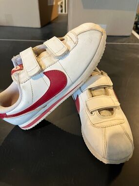Nike Kids White Sneakers with Red Swoosh and Velcro Straps